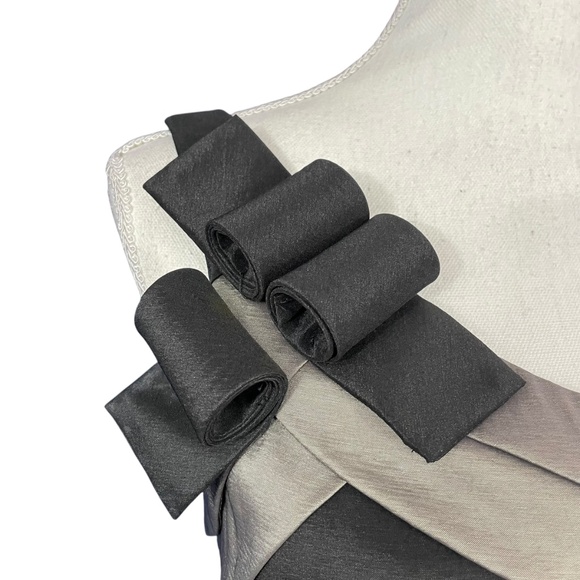 Cache One-Shoulder Striped Dress 8 bow taupe black short body on - Picture 6 of 11